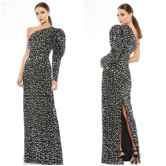 Mac Duggal Embellished One Puff Sleeve Dress Gown Black Silver Sz 8 NWT - Picture 1 of 12